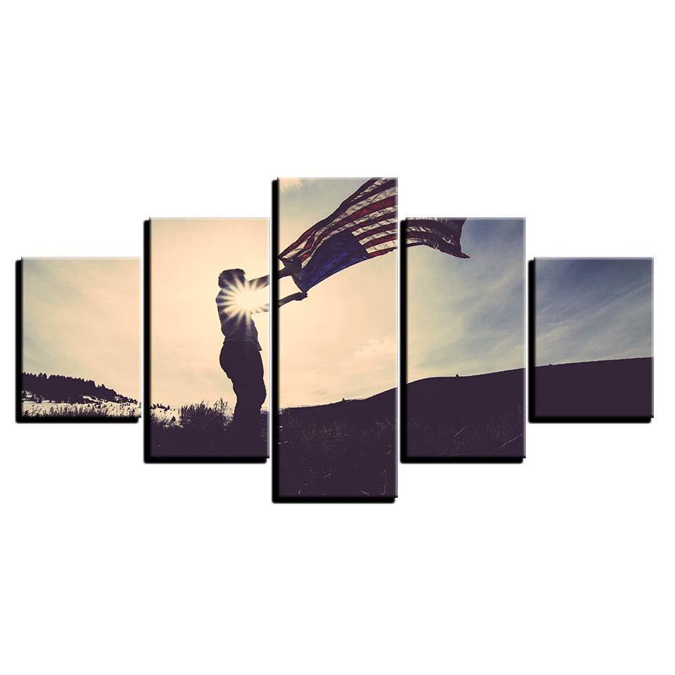 Flying American Flag 5 Piece HD Multi Panel Canvas Wall Art Frame-Original Frame