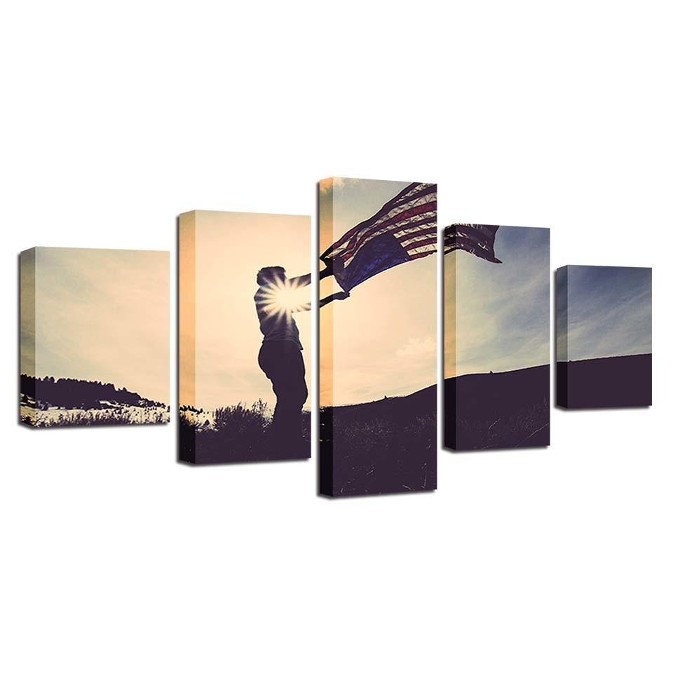 Flying American Flag 5 Piece HD Multi Panel Canvas Wall Art Frame-Original Frame