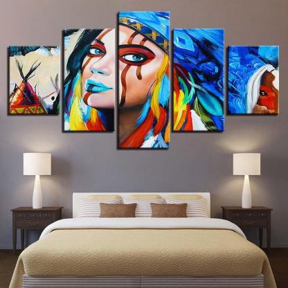 American Native Girl 5 Piece HD Multi Panel Canvas Wall Art Frame-Original Frame