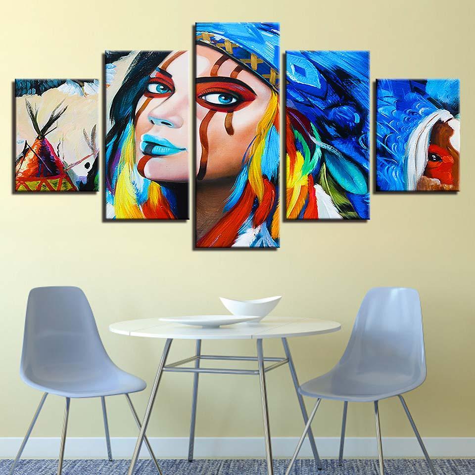 American Native Girl 5 Piece HD Multi Panel Canvas Wall Art Frame-Original Frame