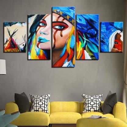 American Native Girl 5 Piece HD Multi Panel Canvas Wall Art Frame-Original Frame