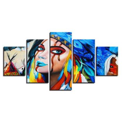 American Native Girl 5 Piece HD Multi Panel Canvas Wall Art Frame-Original Frame