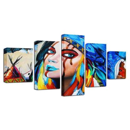 American Native Girl 5 Piece HD Multi Panel Canvas Wall Art Frame-Original Frame