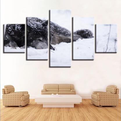 Wolf in the Snow 5 Piece HD Multi Panel Canvas Wall Art Frame-Original Frame