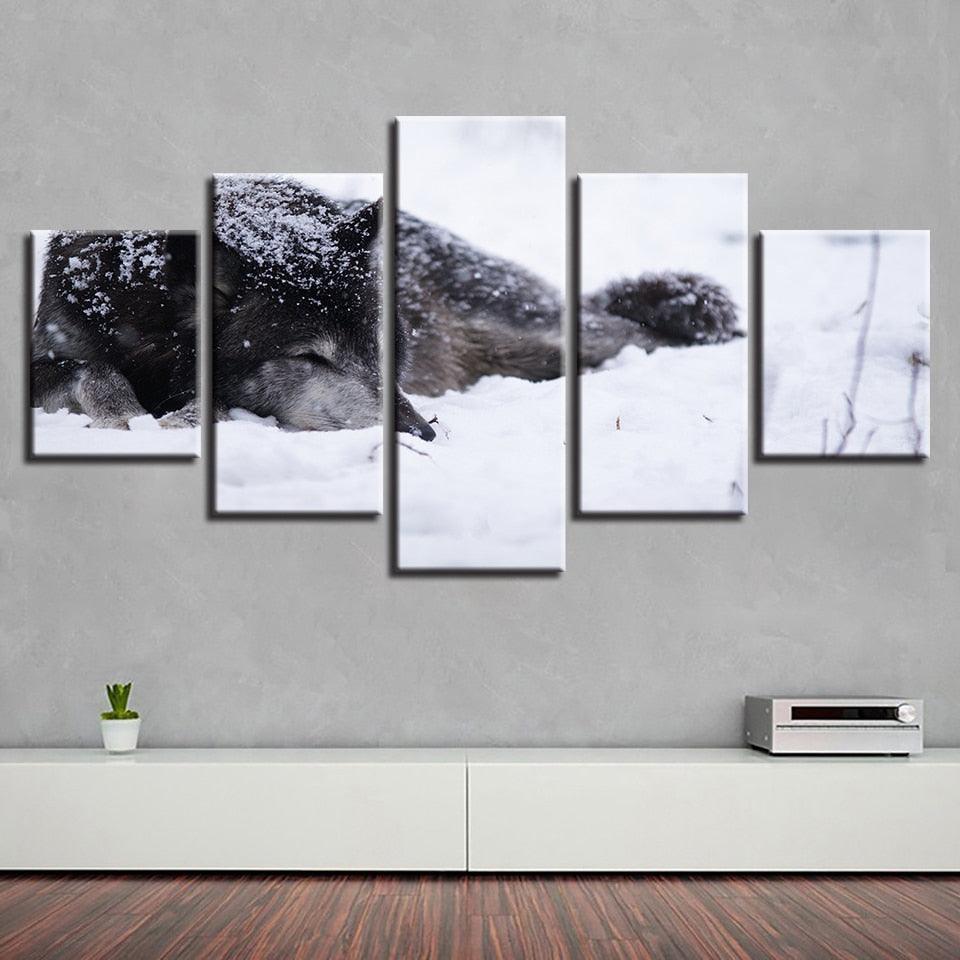 Wolf in the Snow 5 Piece HD Multi Panel Canvas Wall Art Frame-Original Frame