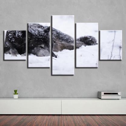 Wolf in the Snow 5 Piece HD Multi Panel Canvas Wall Art Frame-Original Frame