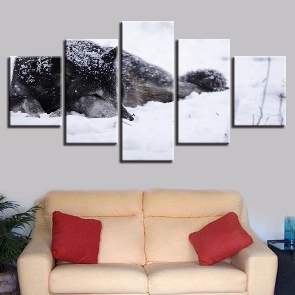 Wolf in the Snow 5 Piece HD Multi Panel Canvas Wall Art Frame-Original Frame