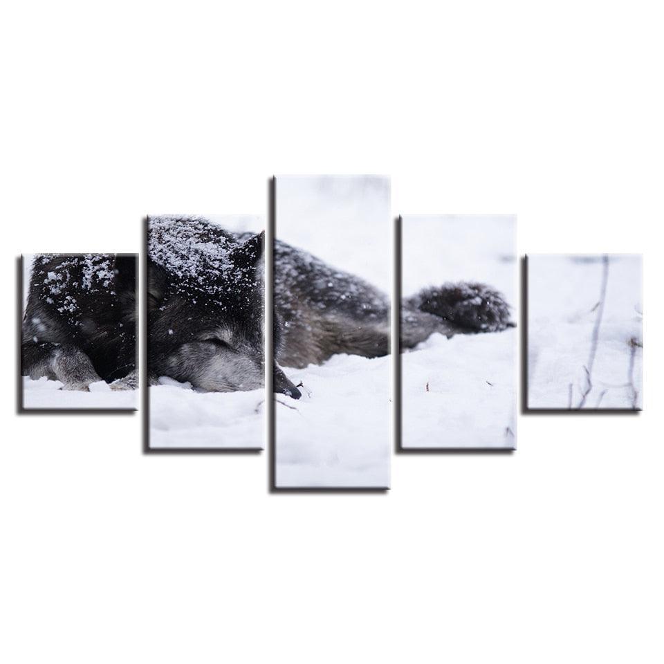 Wolf in the Snow 5 Piece HD Multi Panel Canvas Wall Art Frame-Original Frame
