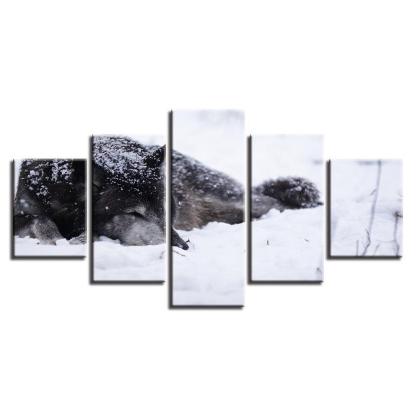 Wolf in the Snow 5 Piece HD Multi Panel Canvas Wall Art Frame-Original Frame