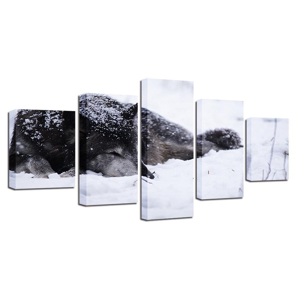 Wolf in the Snow 5 Piece HD Multi Panel Canvas Wall Art Frame-Original Frame