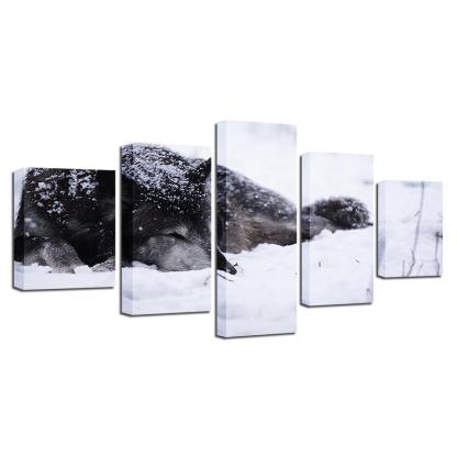 Wolf in the Snow 5 Piece HD Multi Panel Canvas Wall Art Frame-Original Frame