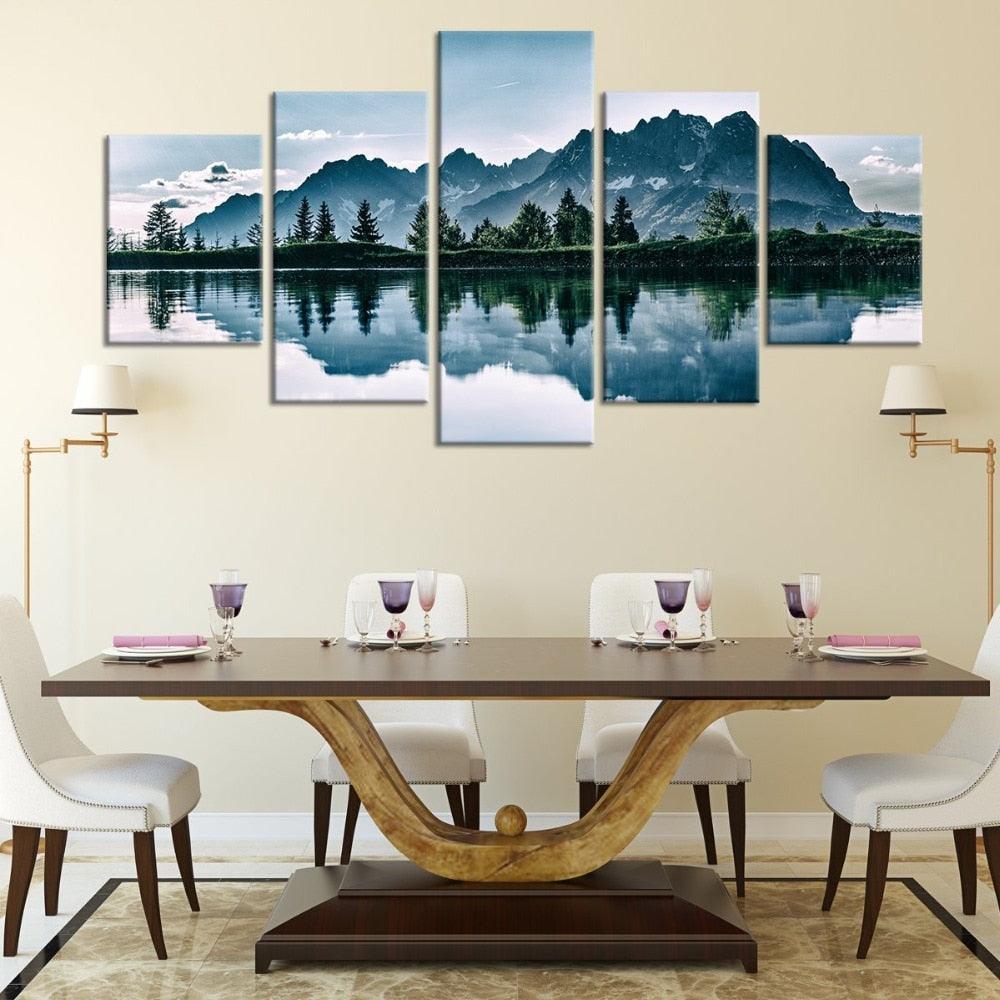Mountains Lake Tree Scenery 5 Piece HD Multi Panel Canvas Wall Art Frame-Original Frame