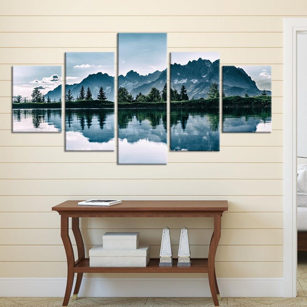 Mountains Lake Tree Scenery 5 Piece HD Multi Panel Canvas Wall Art Frame-Original Frame