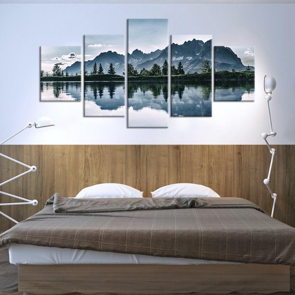 Mountains Lake Tree Scenery 5 Piece HD Multi Panel Canvas Wall Art Frame-Original Frame