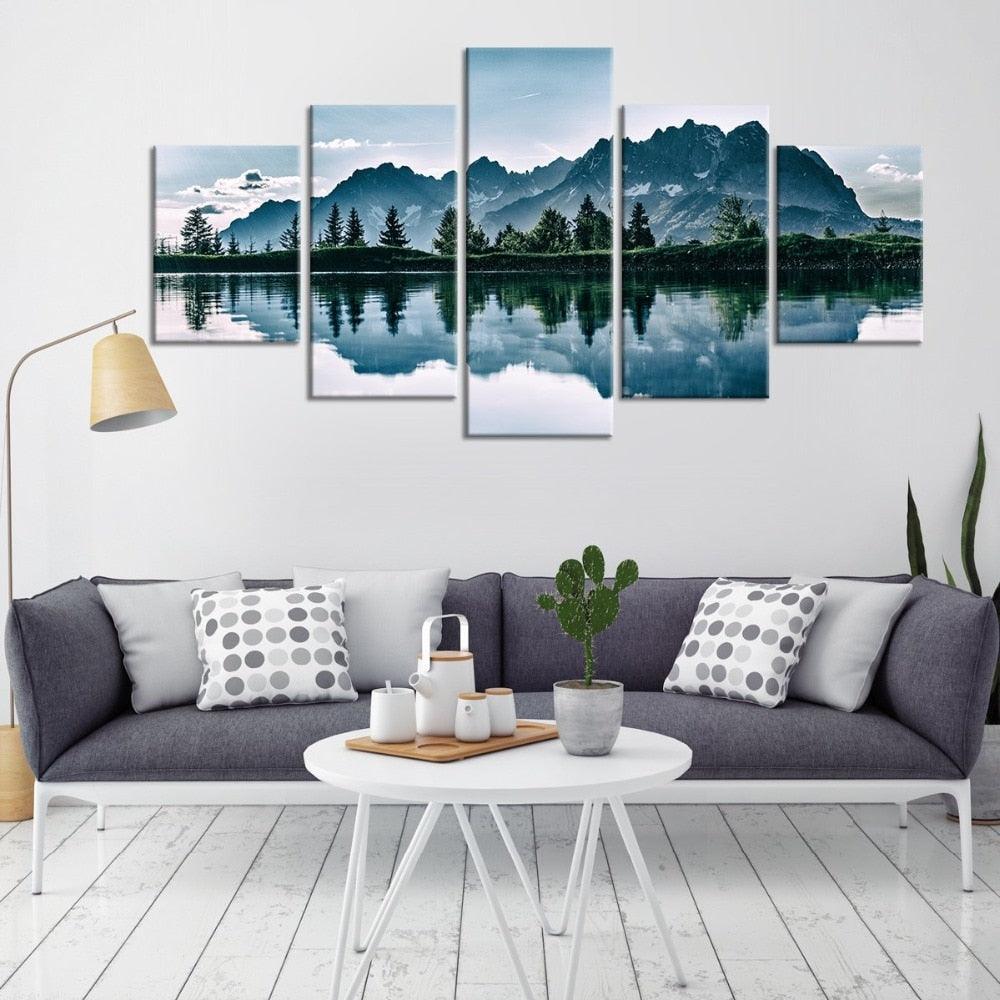 Mountains Lake Tree Scenery 5 Piece HD Multi Panel Canvas Wall Art Frame-Original Frame