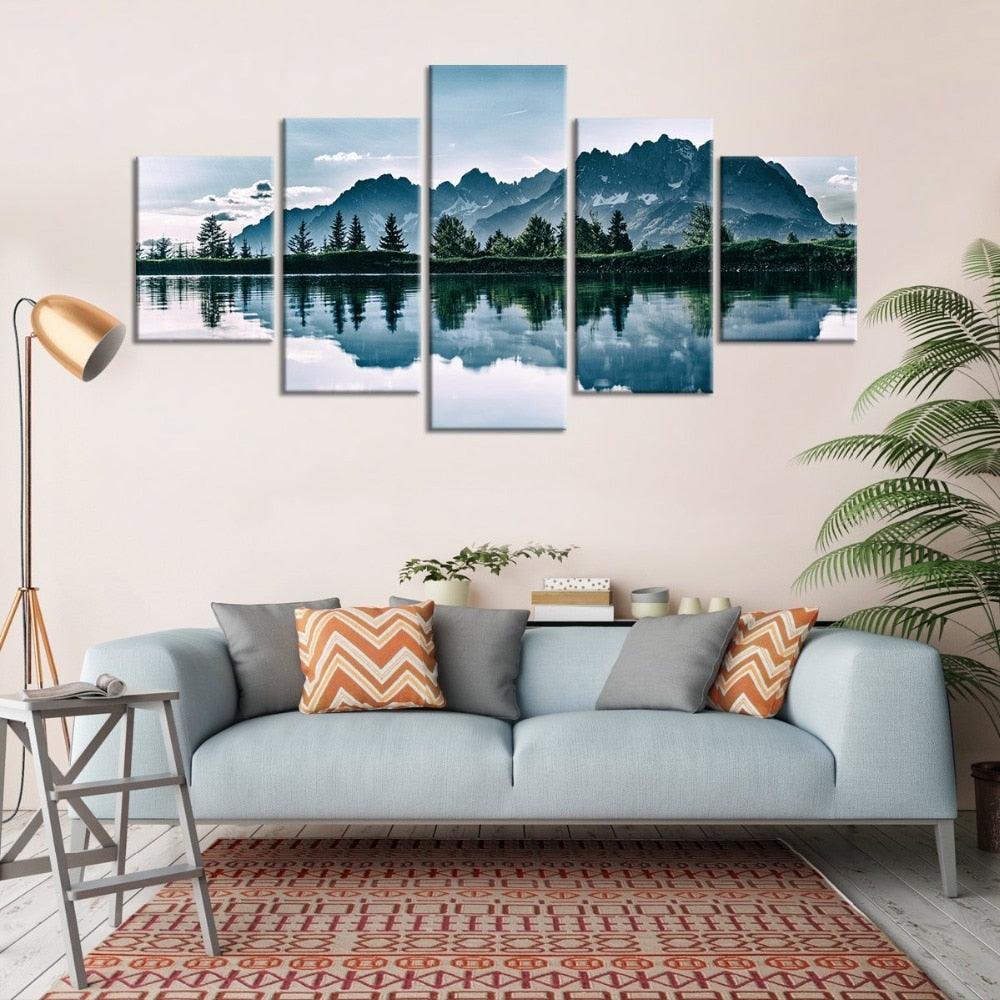 Mountains Lake Tree Scenery 5 Piece HD Multi Panel Canvas Wall Art Frame-Original Frame