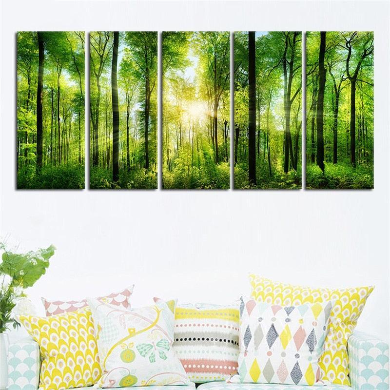 Trees And Sunshine 5 Piece HD Multi Panel Canvas Wall Art-Original Frame
