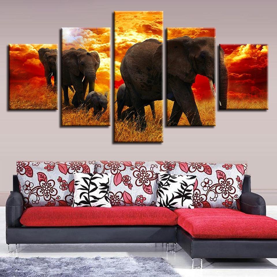 Elephant Herd 5 Piece HD Multi Panel Canvas Wall Art Frame-Original Frame