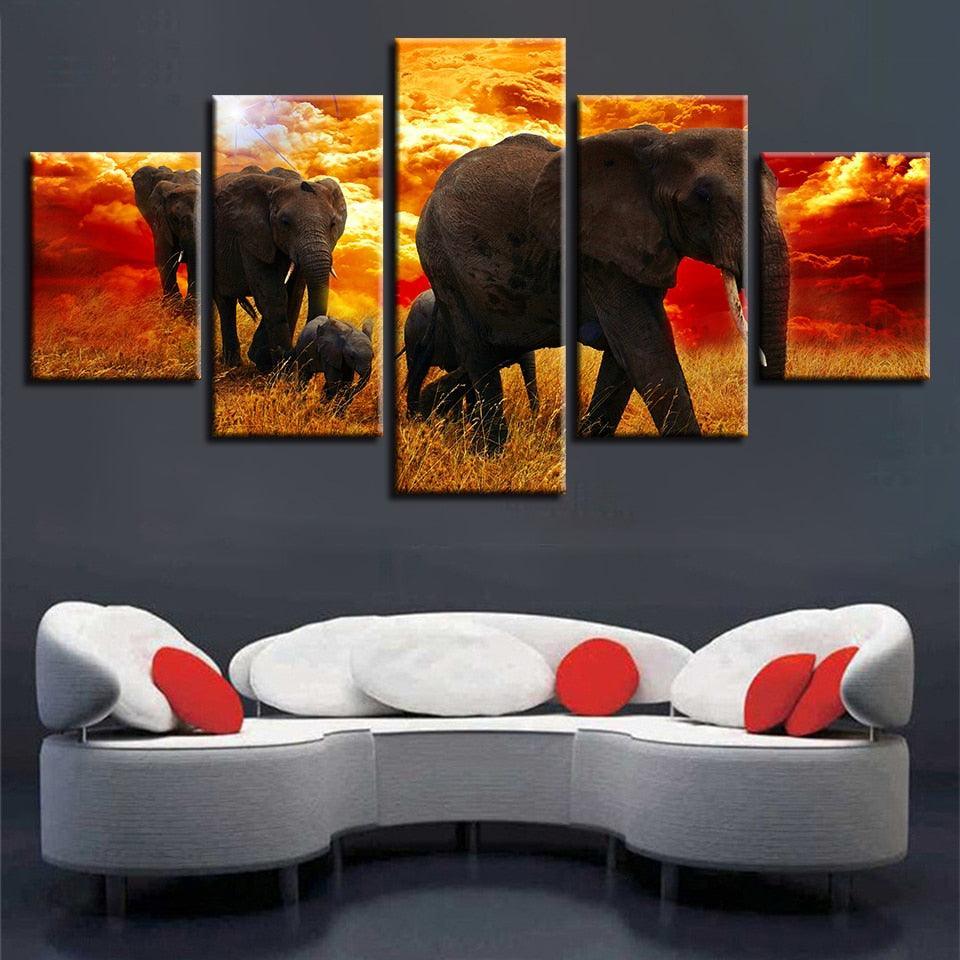 Elephant Herd 5 Piece HD Multi Panel Canvas Wall Art Frame-Original Frame