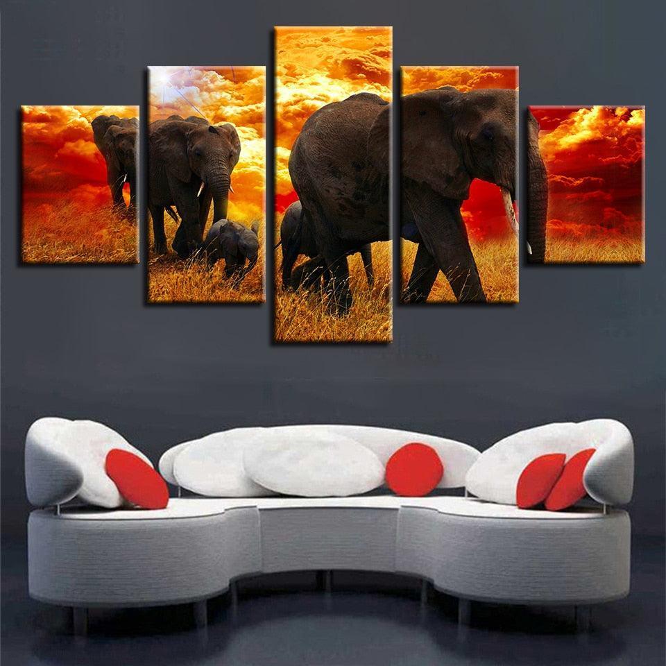 Elephant Herd 5 Piece HD Multi Panel Canvas Wall Art Frame-Original Frame