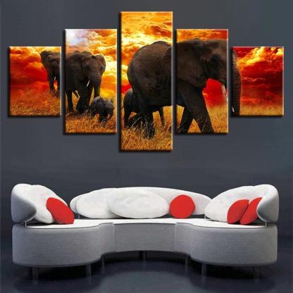 Elephant Herd 5 Piece HD Multi Panel Canvas Wall Art Frame-Original Frame
