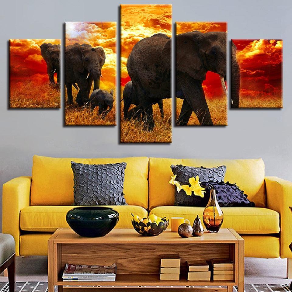 Elephant Herd 5 Piece HD Multi Panel Canvas Wall Art Frame-Original Frame