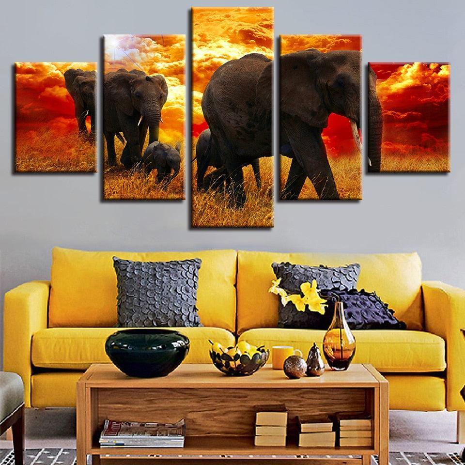 Elephant Herd 5 Piece HD Multi Panel Canvas Wall Art Frame-Original Frame