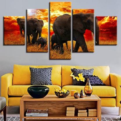 Elephant Herd 5 Piece HD Multi Panel Canvas Wall Art Frame-Original Frame