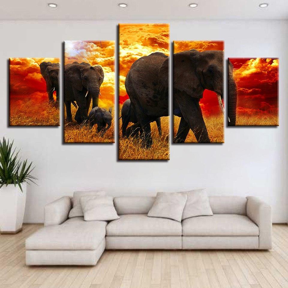 Elephant Herd 5 Piece HD Multi Panel Canvas Wall Art Frame-Original Frame