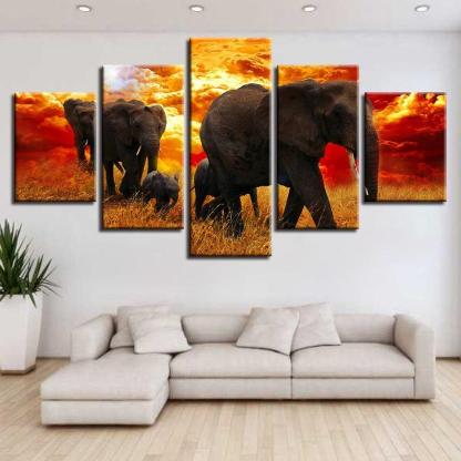 Elephant Herd 5 Piece HD Multi Panel Canvas Wall Art Frame-Original Frame