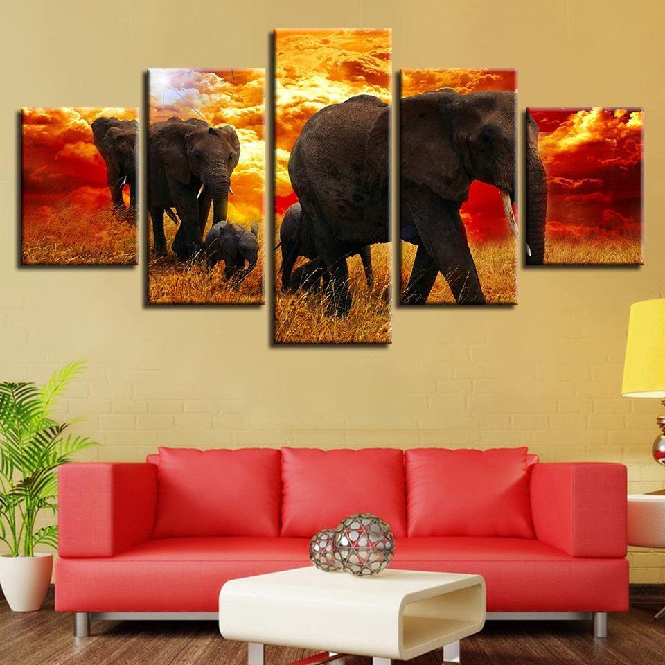 Elephant Herd 5 Piece HD Multi Panel Canvas Wall Art Frame-Original Frame