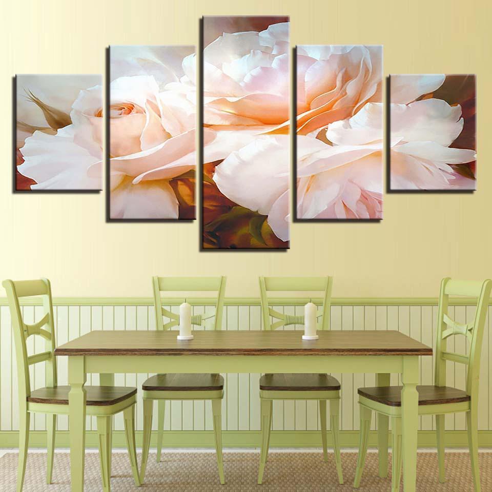 White Flowers 5 Piece HD Multi Panel Canvas Wall Art Frame-Original Frame