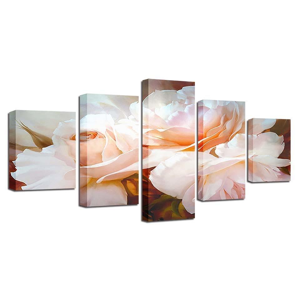 White Flowers 5 Piece HD Multi Panel Canvas Wall Art Frame-Original Frame