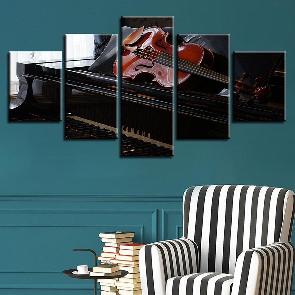 Piano And Violin 5 Piece HD Multi Panel Canvas Wall Art Frame-Original Frame