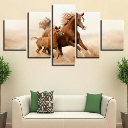 Classical Running Horses 5 Piece HD Multi Panel Canvas Wall Art Frame-Original Frame