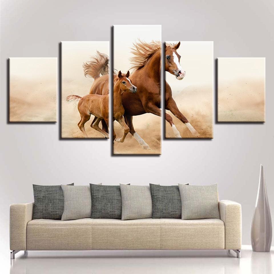 Classical Running Horses 5 Piece HD Multi Panel Canvas Wall Art Frame-Original Frame
