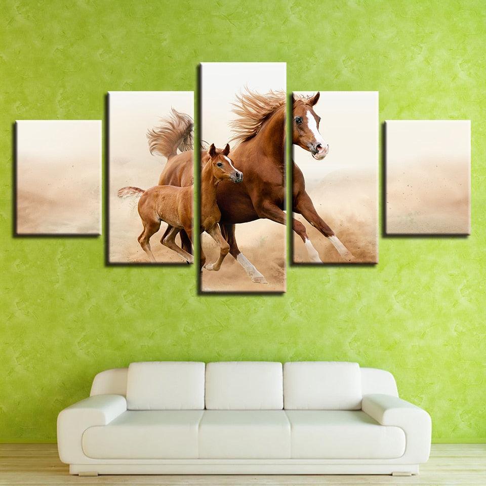 Classical Running Horses 5 Piece HD Multi Panel Canvas Wall Art Frame-Original Frame