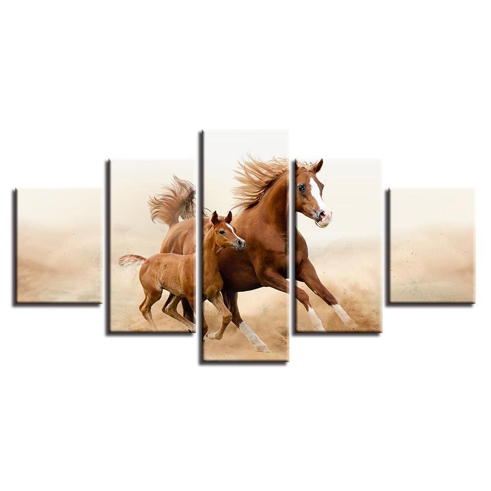 Classical Running Horses 5 Piece HD Multi Panel Canvas Wall Art Frame-Original Frame