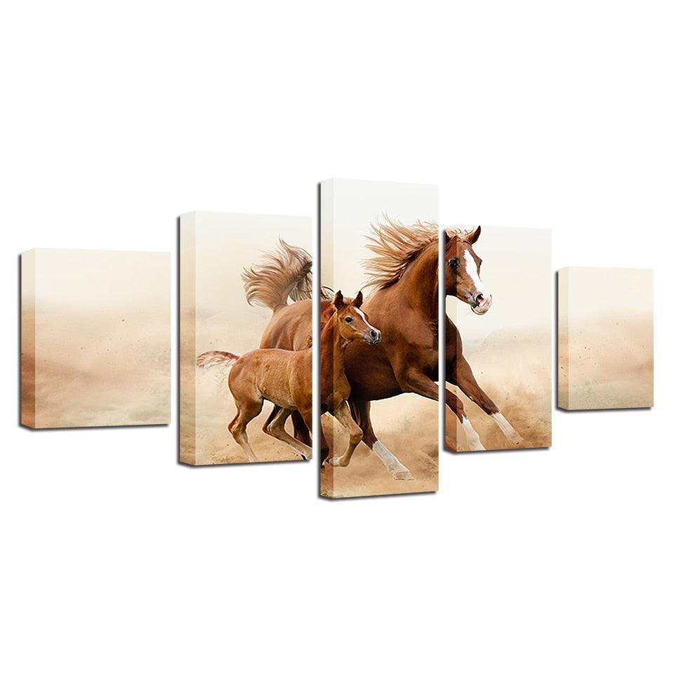 Classical Running Horses 5 Piece HD Multi Panel Canvas Wall Art Frame-Original Frame