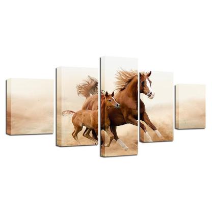 Classical Running Horses 5 Piece HD Multi Panel Canvas Wall Art Frame-Original Frame