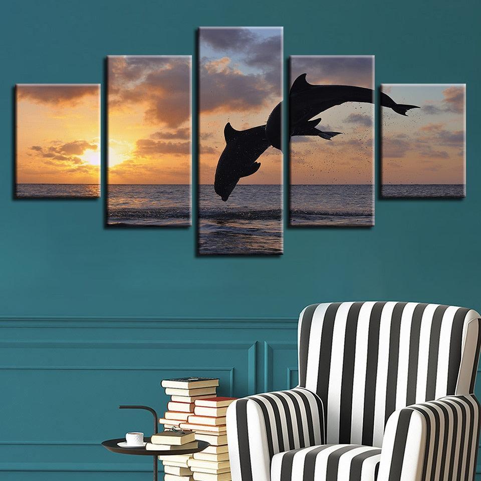 Sunset Jumping Dolphins 5 Piece HD Multi Panel Canvas Wall Art Frame-Original Frame