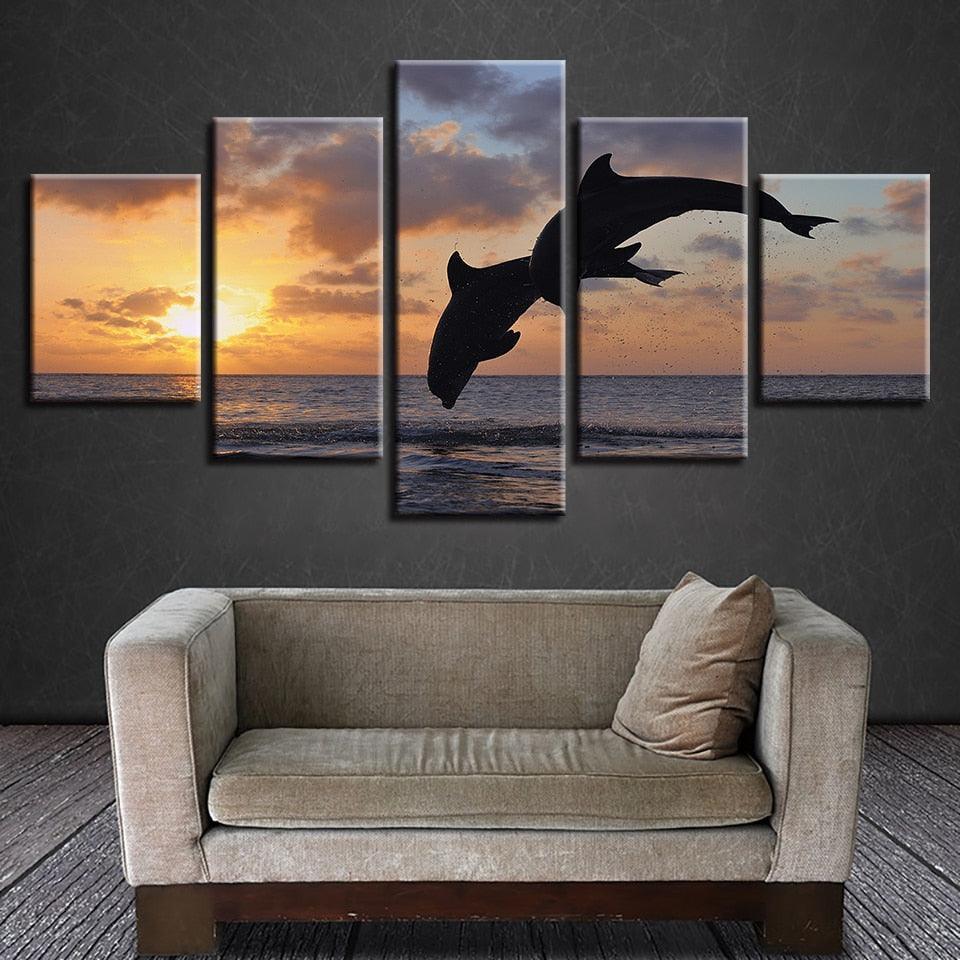 Sunset Jumping Dolphins 5 Piece HD Multi Panel Canvas Wall Art Frame-Original Frame