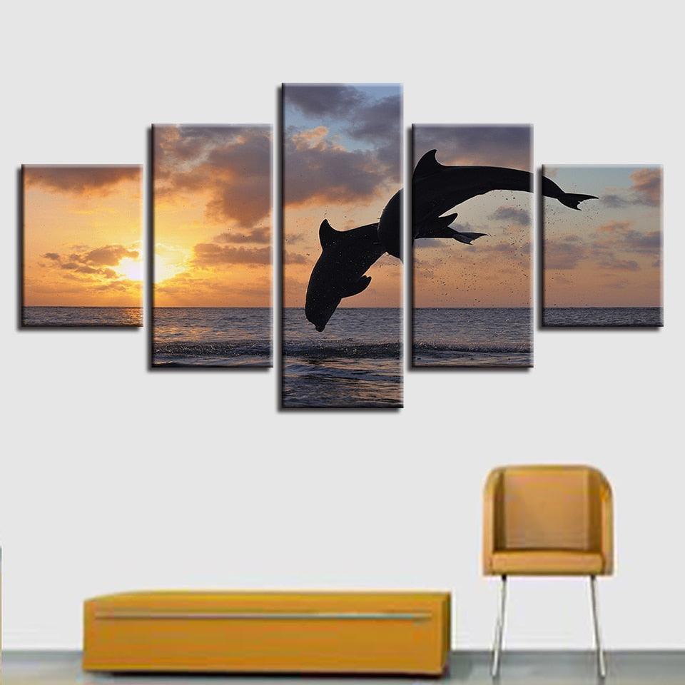 Sunset Jumping Dolphins 5 Piece HD Multi Panel Canvas Wall Art Frame-Original Frame