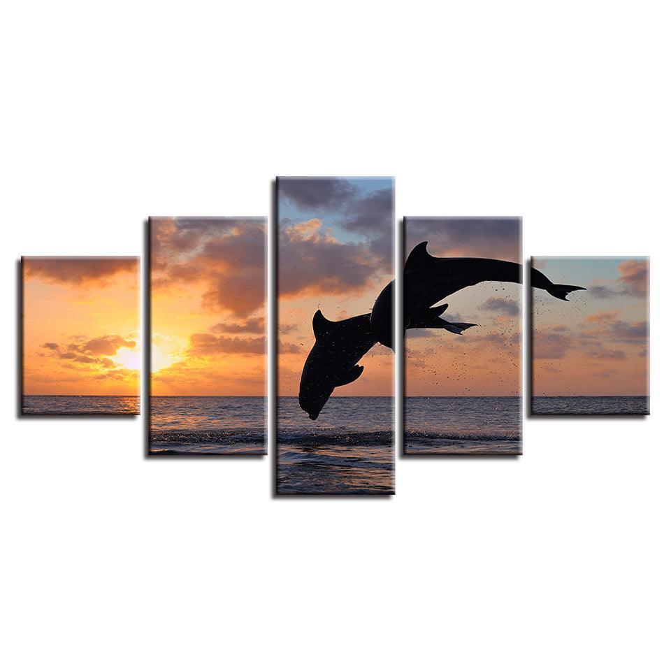 Sunset Jumping Dolphins 5 Piece HD Multi Panel Canvas Wall Art Frame-Original Frame