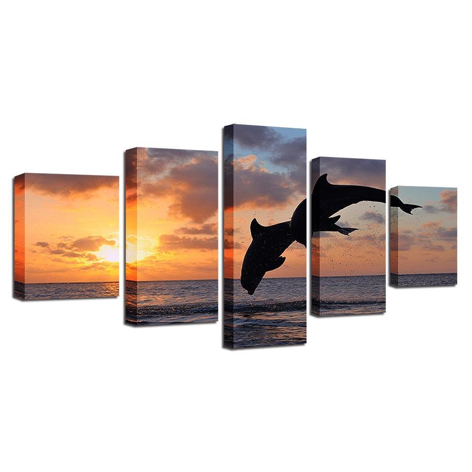 Sunset Jumping Dolphins 5 Piece HD Multi Panel Canvas Wall Art Frame-Original Frame