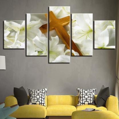 Christ Cross And Lilies 5 Piece HD Multi Panel Canvas Wall Art Frame-Original Frame