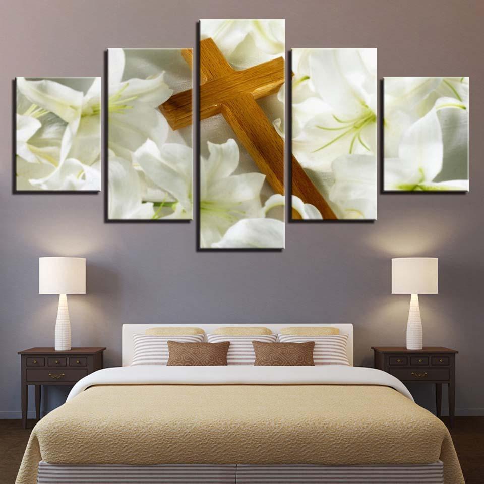 Christ Cross And Lilies 5 Piece HD Multi Panel Canvas Wall Art Frame-Original Frame