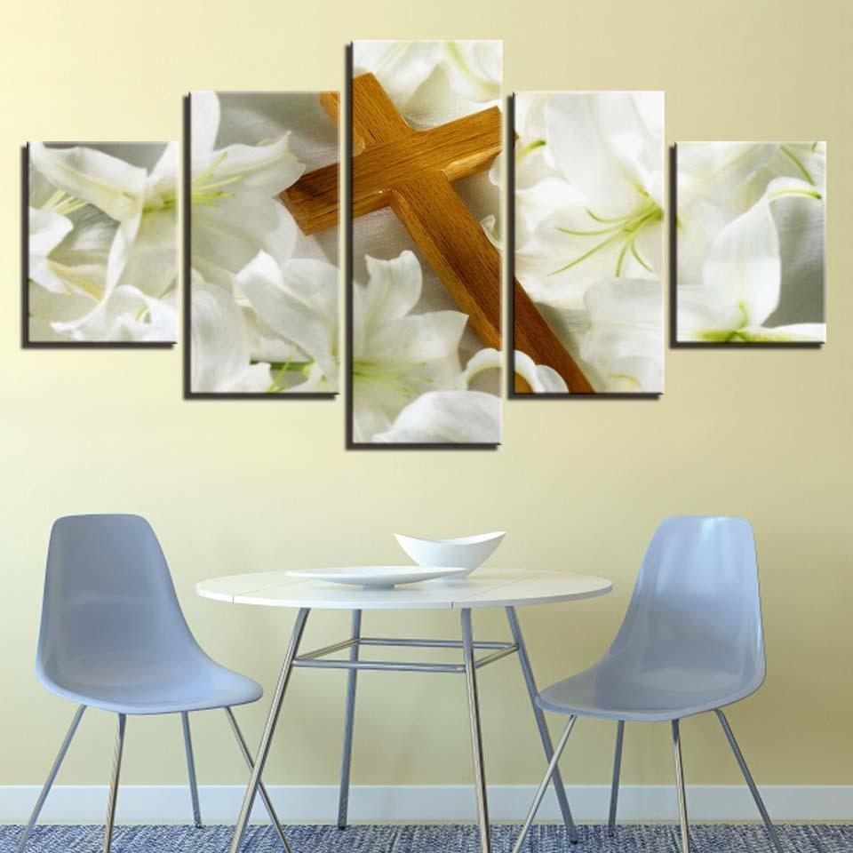Christ Cross And Lilies 5 Piece HD Multi Panel Canvas Wall Art Frame-Original Frame