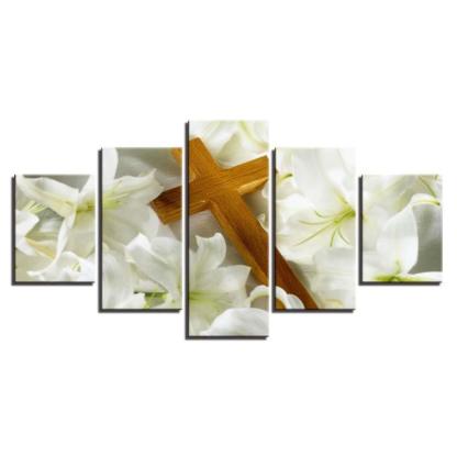 Christ Cross And Lilies 5 Piece HD Multi Panel Canvas Wall Art Frame-Original Frame
