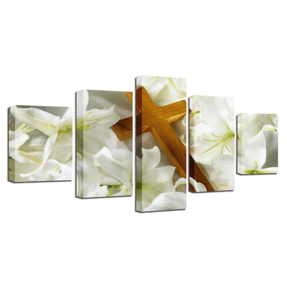 Christ Cross And Lilies 5 Piece HD Multi Panel Canvas Wall Art Frame-Original Frame